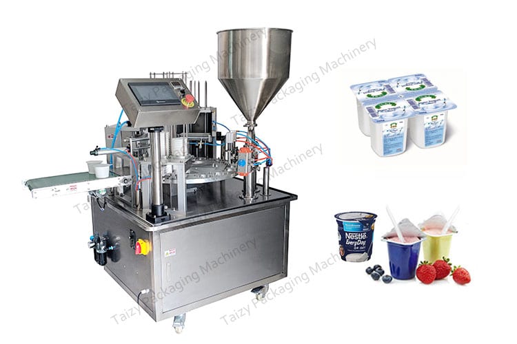 Yougurt cup filling and sealing machine